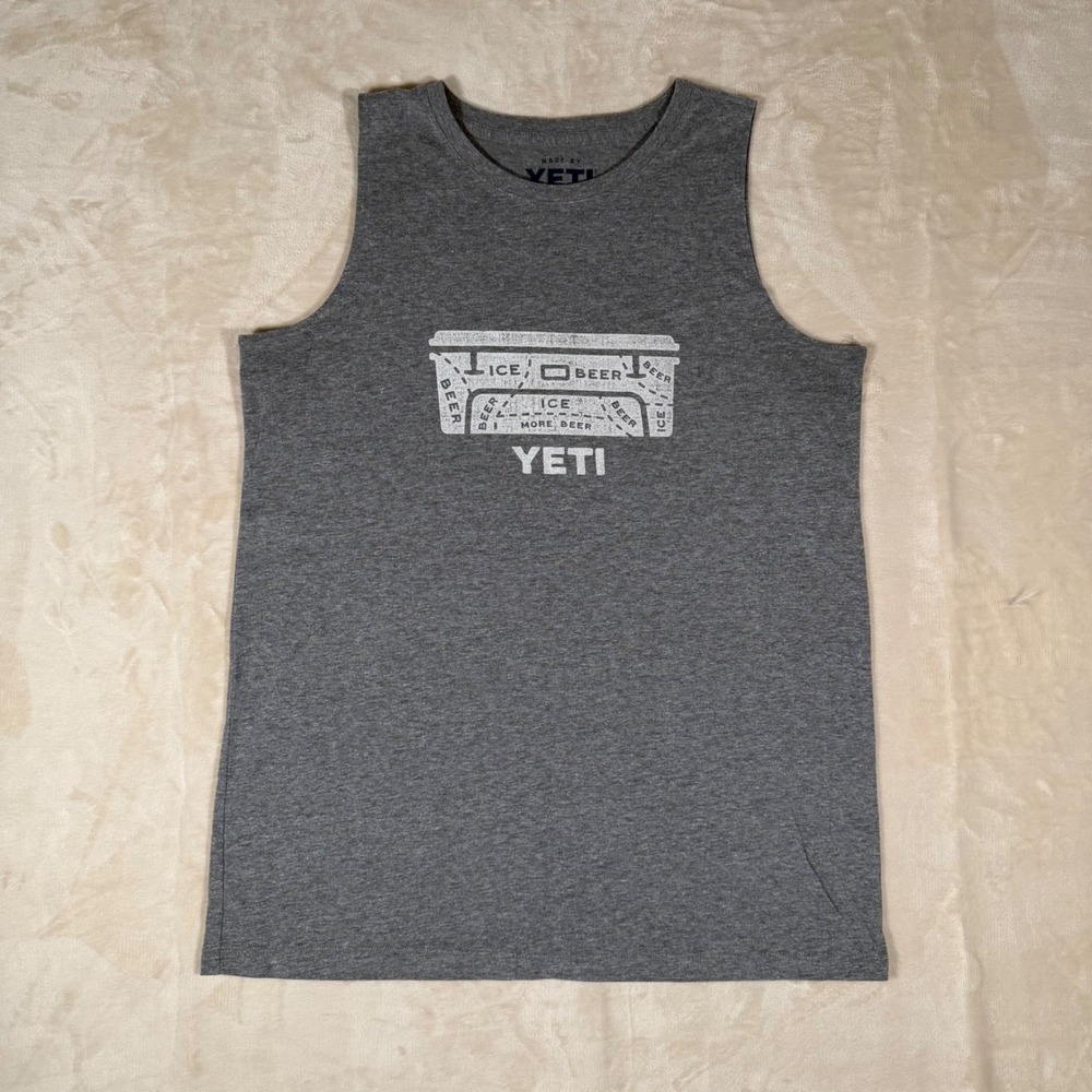 YETI Tank Top Mens Size Large Grey Cooler Beer Graphic Sleeveless Shirt